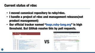 Current status of rdoc
• I moved canonical repository to ruby/rdoc.
• I handle a project of rdoc and management releases(not
product management)
• Our official tracker named “bugs.ruby-lang.org” is high
threshold. But GitHub resolve this by pull requests.
VS
 