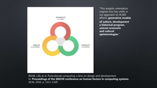 “This analytic orientation
inspires four key shifts in
our approach to HCI4D
efforts: generative models
of culture, development
a historical program,
uneven economic
and cultural
epistemologies.”
IRANI, Lilly et al. Postcolonial computing: a lens on design and development.
In: Proceedings of the SIGCHI conference on human factors in computing systems.
ACM, 2010. p. 1311-1320.
 