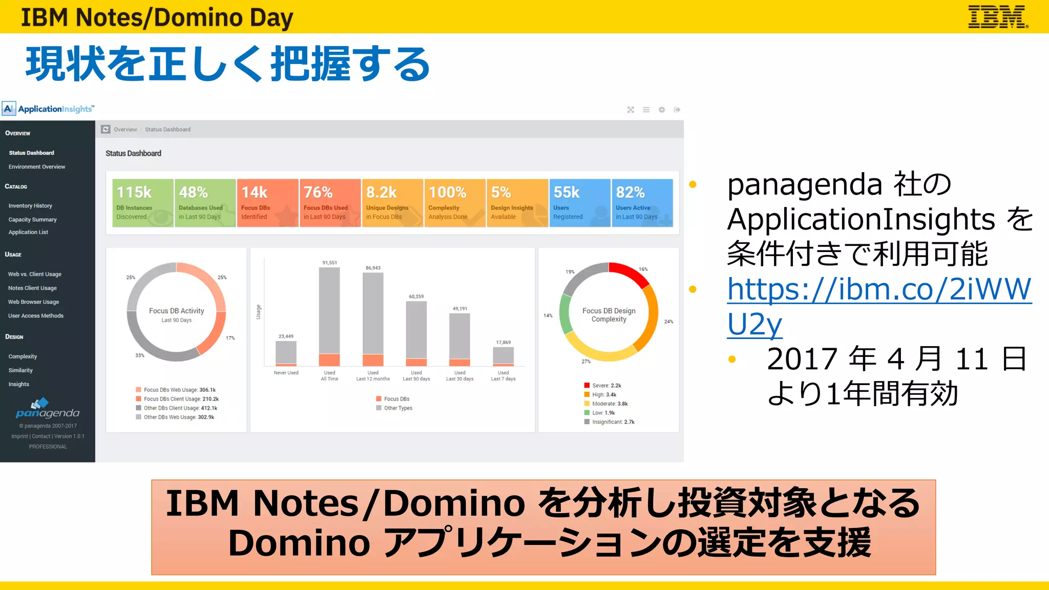 現状を正しく把握する
IBM Notes/Domino を分析し投資対象となる
Domino アプリケーションの選定を⽀援
• panagenda 社の
ApplicationInsights を
条件付きで利⽤可能
• https://ibm.co/2iWW
U2y
• 2017 年 4 ⽉ 11 ⽇
より1年間有効
 