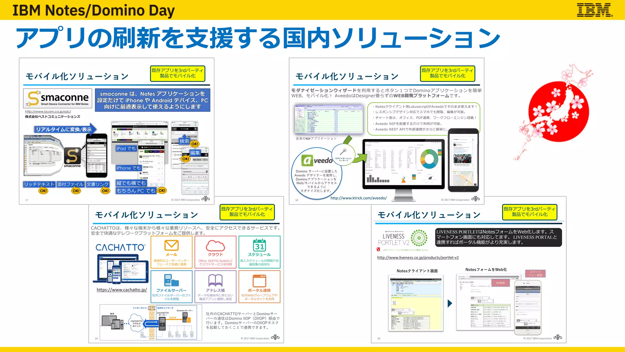 アプリの刷新を⽀援する国内ソリューション
19 ©	2017	IBM	Corporation
5 5 5
d 5 A
r TWi5 G
t d 5 5 d
G
O 5c
5 A 6
e u
t S 5eO G
f5
C H 5 A 5c 3
5 e d 5 3
e b5
モバイル化ソリューション
https://www.cachatto.jp/
A
A H D
A
I C
20 ©	2017	IBM	Corporation
Notesクライアント画面
LIVENESS PORTLET N 3
3 LIVENESS PORTAL
3
NotesフォームをWeb化
PC
W
N
http://www.liveness.co.jp/products/portlet-v2
モバイル化ソリューション
17 ©	2017	IBM	Corporation
3
http://www.bcom.co.jp/sdc/
smaconne Notes
iPhone Android PC
/
OK! OK! OK!
iPad
iPhone
PC OK!
OK!
モバイル化ソリューション
OK!
18 ©	2017	IBM	Corporation
irT
neWs
A
/
D
T FSL A 3 ir p T
neWs R N F
モダナイゼーション
ウィザード
W d NPP BPF
t c W m
o d g v gu
T FSID
ER
NSF
モバイル化ソリューション
http://www.ktrick.com/aveedo/
 
