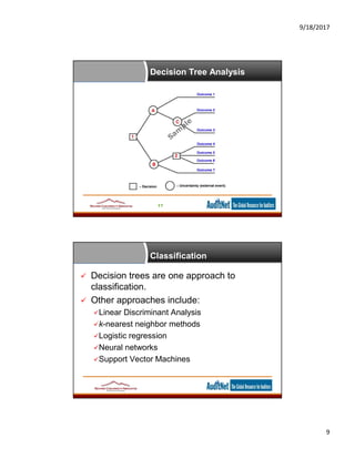 9/18/2017
9
Decision Tree Analysis
17
Classification
 Decision trees are one approach to
classification.
 Other approaches include:
Linear Discriminant Analysis
k-nearest neighbor methods
Logistic regression
Neural networks
Support Vector Machines
 