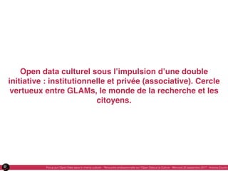 Open data culturel sous l’impulsion d’une double
initiative : institutionnelle et privée (associative). Cercle
vertueux en...