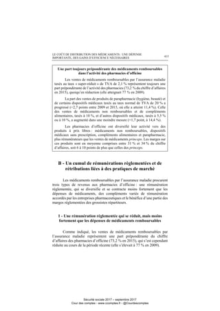 LE COÛT DE DISTRIBUTION DES MÉDICAMENTS : UNE DÉPENSE
IMPORTANTE, DES GAINS D’EFFICIENCE NÉCESSAIRES 415
Une part toujours prépondérante des médicaments remboursables
dans l’activité des pharmacies d’officine
Les ventes de médicaments remboursables par l’assurance maladie
taxés au taux « super-réduit » de TVA de 2,1 % représentent toujours une
part prépondérante de l’activité des pharmacies (73,2 % du chiffre d’affaires
en 2015), quoiqu’en réduction (elle atteignait 77 % en 2009).
La part des ventes de produits de parapharmacie (hygiène, beauté) et
de certains dispositifs médicaux taxés au taux normal de TVA de 20 % a
progressé (+2,7 points entre 2009 et 2015, où elle a atteint 11,4 %). Celle
des ventes de médicaments non remboursables et de compléments
alimentaires, taxés à 10 %, et d’autres dispositifs médicaux, taxés à 5,5 %
ou à 10 %, a augmenté dans une moindre mesure (+1,7 point, à 14,4 %).
Les pharmacies d’officine ont diversifié leur activité vers des
produits à prix libres : médicaments non remboursables, dispositifs
médicaux sans prescription, compléments alimentaires et parapharmacie,
plus rémunérateurs que les ventes de médicaments princeps. Les marges sur
ces produits sont en moyenne comprises entre 31 % et 34 % du chiffre
d’affaires, soit 6 à 10 points de plus que celles des princeps.
B - Un cumul de rémunérations règlementées et de
rétributions liées à des pratiques de marché
Les médicaments remboursables par l’assurance maladie procurent
trois types de revenus aux pharmacies d’officine : une rémunération
réglementée, qui se diversifie et se contracte moins fortement que les
dépenses de médicaments, des compléments variés de rémunération
accordés par les entreprises pharmaceutiques et le bénéfice d’une partie des
marges réglementées des grossistes répartiteurs.
1 - Une rémunération réglementée qui se réduit, mais moins
fortement que les dépenses de médicaments remboursables
Comme indiqué, les ventes de médicaments remboursables par
l’assurance maladie représentent une part prépondérante du chiffre
d’affaires des pharmacies d’officine (73,2 % en 2015), qui s’est cependant
réduite au cours de la période récente (elle s’élevait à 77 % en 2009).
Sécurité sociale 2017 – septembre 2017
Cour des comptes - www.ccomptes.fr - @Courdescomptes
 