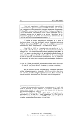 COUR DES COMPTES422
Dans cette organisation, le médicament reste sous la responsabilité
du donneur d’ordre, qui s’assure par un contrat de prestation qu’il est traité
par le transporteur conformément aux conditions de transport applicables au
lot à expédier. Aucune obligation réglementaire ne vise cependant à garantir
que les médicaments sont manipulés durant la phase de transport dans des
conditions appropriées de qualité et de sécurité (surveillance de la
température, propreté et sécurité des infrastructures intermédiaires de
stockage, suivi des véhicules par géolocalisation…).
En Europe, la France fait partie des trois pays où ce mode de
distribution direct est le plus développé. Avec la République tchèque et
l’Italie, il dépassait en effet 20 % de la valeur du marché des médicaments
remboursables et non remboursables à la fin des années 2000449
.
Entre 2002 et 2009, les ventes directes sont passées de 9,1 % à
16,6 % de la valeur du marché français du médicament remboursable. À
partir de 2010, elle se sont légèrement repliées pour s’élever à 13,8 % en
2015450
, en raison, pour les princeps, de la combinaison des évolutions du
marché (baisses de prix et chute de nombreux brevets de médicaments) et
de celle des modalités de rémunération réglementée et, pour les génériques,
de la remontée de la part des grossistes répartiteurs dans leur distribution.
b) Plus de 220 M€ au titre de la réintroduction d’une partie des ventes
directes de génériques dans le circuit des grossistes répartiteurs
Afin de récupérer une part significative des volumes de génériques
qui leur échappaient au cours des années 2000, les grossistes répartiteurs
sont convenus, avec les entreprises pharmaceutiques, d’une évolution de
leurs modalités de rémunération au titre de leur activité de répartition.
449
S’agissant des autres pays, les ventes directes représentaient entre 10 % et 20 % du
marché au Danemark, en Grèce, en Irlande, au Luxembourg, aux Pays-Bas et au
Royaume-Uni et moins de 10 % dans les autres États (étude de 2011 de l’European
medicines information network, EMINeT).
450
Soit 8,5 % au titre des princeps (9,1 % en 2006), 28,6 % pour les génériques hors
paracétamol (62,2 % en 2006) et 74,7 % pour le paracétamol (75,4 % en 2006). Par
ailleurs, les ventes directes représentaient en 2015 74,3 % du marché des médicaments
relevant de spécialités non remboursables (51,6 % en 2006).
Sécurité sociale 2017 – septembre 2017
Cour des comptes - www.ccomptes.fr - @Courdescomptes
 