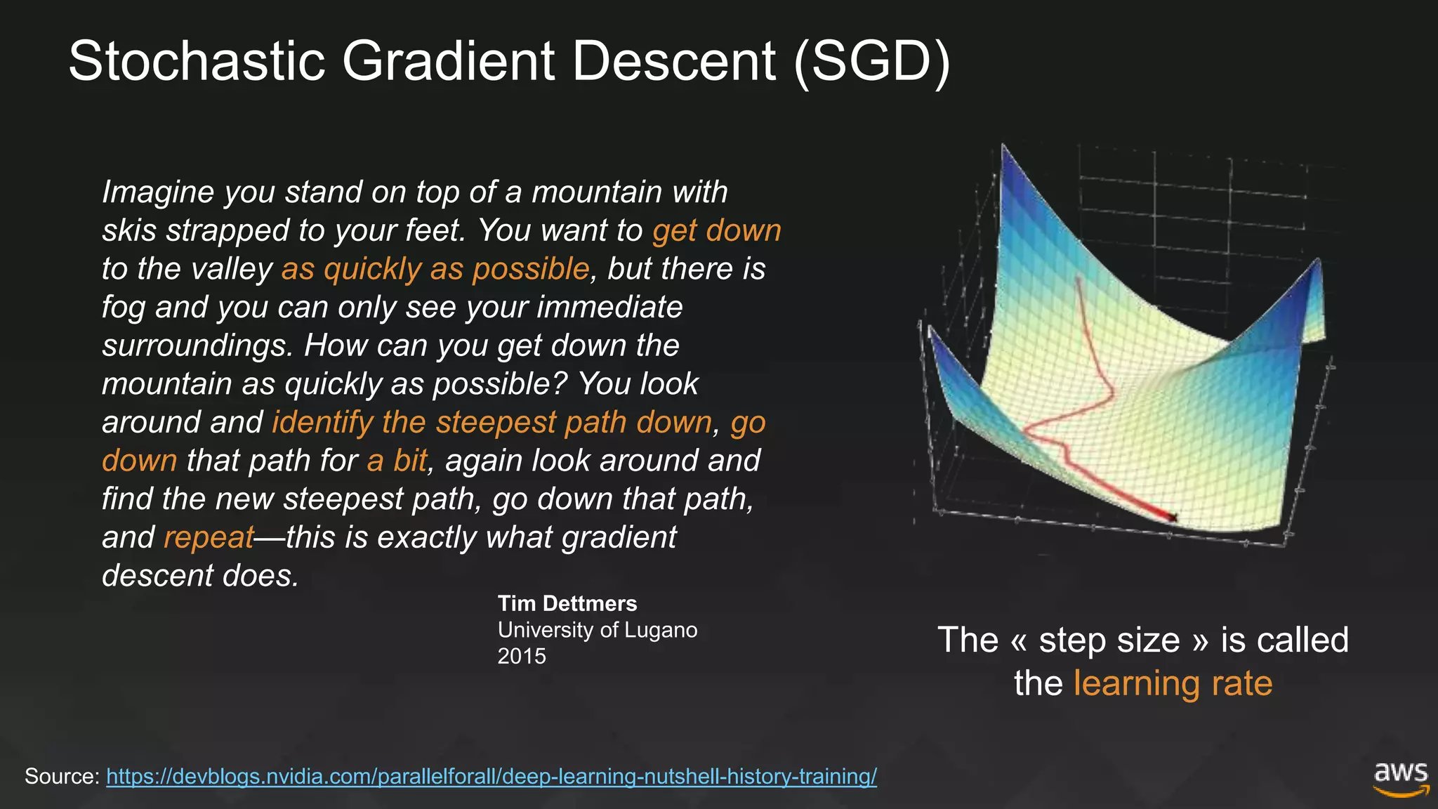 Stochastic Gradient Descent (SGD)
Imagine you stand on top of a mountain with
skis strapped to your feet. You want to get down
to the valley as quickly as possible, but there is
fog and you can only see your immediate
surroundings. How can you get down the
mountain as quickly as possible? You look
around and identify the steepest path down, go
down that path for a bit, again look around and
find the new steepest path, go down that path,
and repeat—this is exactly what gradient
descent does.
Tim Dettmers
University of Lugano
2015
Source: https://devblogs.nvidia.com/parallelforall/deep-learning-nutshell-history-training/
The « step size » is called
the learning rate
 