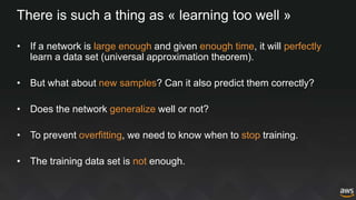 There is such a thing as « learning too well »
• If a network is large enough and given enough time, it will perfectly
learn a data set (universal approximation theorem).
• But what about new samples? Can it also predict them correctly?
• Does the network generalize well or not?
• To prevent overfitting, we need to know when to stop training.
• The training data set is not enough.
 