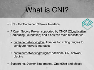 What is CNI?
• CNI - the Container Network Interface
• A Open Source Project supported by CNCF (Cloud Native
Computing Foundation) and it has two main repositories
• containernetworking/cni: libraries for writing plugins to
conﬁgure network interfaces
• containernetworking/plugins: additional CNI network
plugins
• Support rkt, Docker, Kubernetes, OpenShift and Mesos
5
 