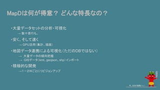 MapDは何が得意？ どんな特長なの？
・大量データセットの分析・可視化
　　　→ 数十億行も。
・安く、そして速く
　　　→ GPU活用（集計、描画）
・地図データ連携による可視化（ただのDBではない）
　　　→ 大量データの傾向把握
　　　　→ GISデータ（kml、geojson、shp）インポート
・積極的な開発
　　　→１－２Wごとにリビジョンアップ
今、GISが鬼熱いっ！ 32
 