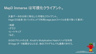 MapD Immerse は可視化クライアント。
大量データの分析に特化した可視化クライアント。
Vega（D3由来）をバックエンドで利用(vega-jsonファイルを受け取って表示）
・地図
・グラフ
・ヒートマップ
・など。
※GISプロットのとき、Knuth's Mutiplicative Hashメソッドを利用
※Vega I/F で結果をもらえば、他のプログラムでも連携できそう。
今、GISが鬼熱いっ！ 39
 