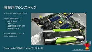 検証用マシンスペック
Supermicro SYS-1027GR-TF+
NVIDIA Tesla P40 × 1
　｜ コア数 3,840
　│ メモリ 24G
　│ 単精度演算 12TFLOPS
　│ 消費電力 250W
Xeon E5-2620 (6core) ×2
DDR3-1333 384G
今、GISが鬼熱いっ！
Special thanks NVIDIA様、サンウェイテクノロジー様 42
 