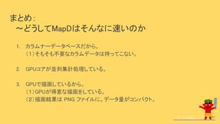まとめ：
　～どうしてMapDはそんなに速いのか
今、GISが鬼熱いっ！
1. カラムナーデータベースだから。
（１）そもそも不要なカラムデータは持ってこない。
2. GPUコアが並列集計処理している。
3. GPUで描画しているから。
（１）GPUが得意な描画をしている。
（２）描画結果は PNG ファイルに。データ量がコンパクト。
51
 