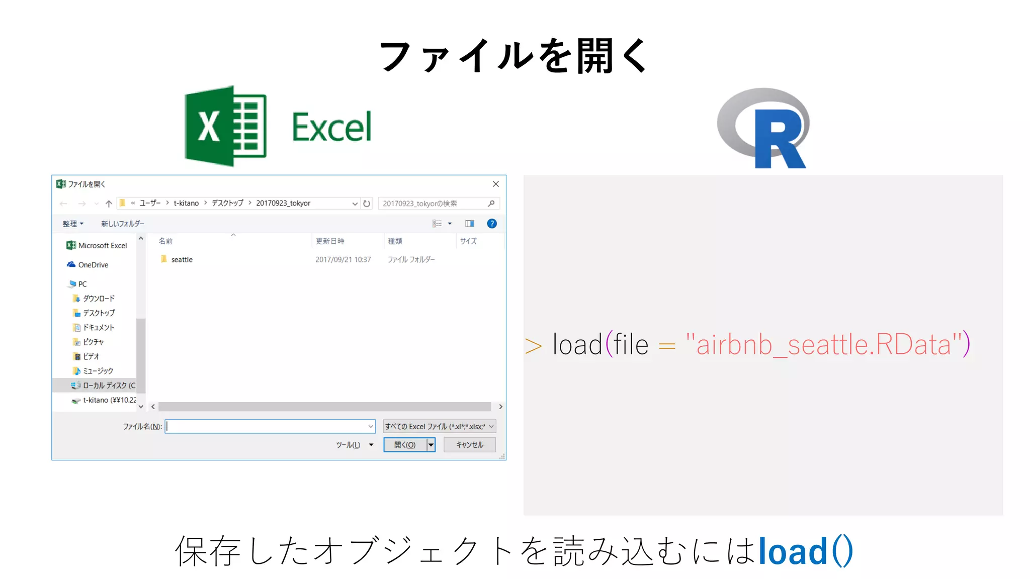 > load(file = "airbnb_seattle.RData")
保存したオブジェクトを読み込むにはload()
ファイルを開く
 