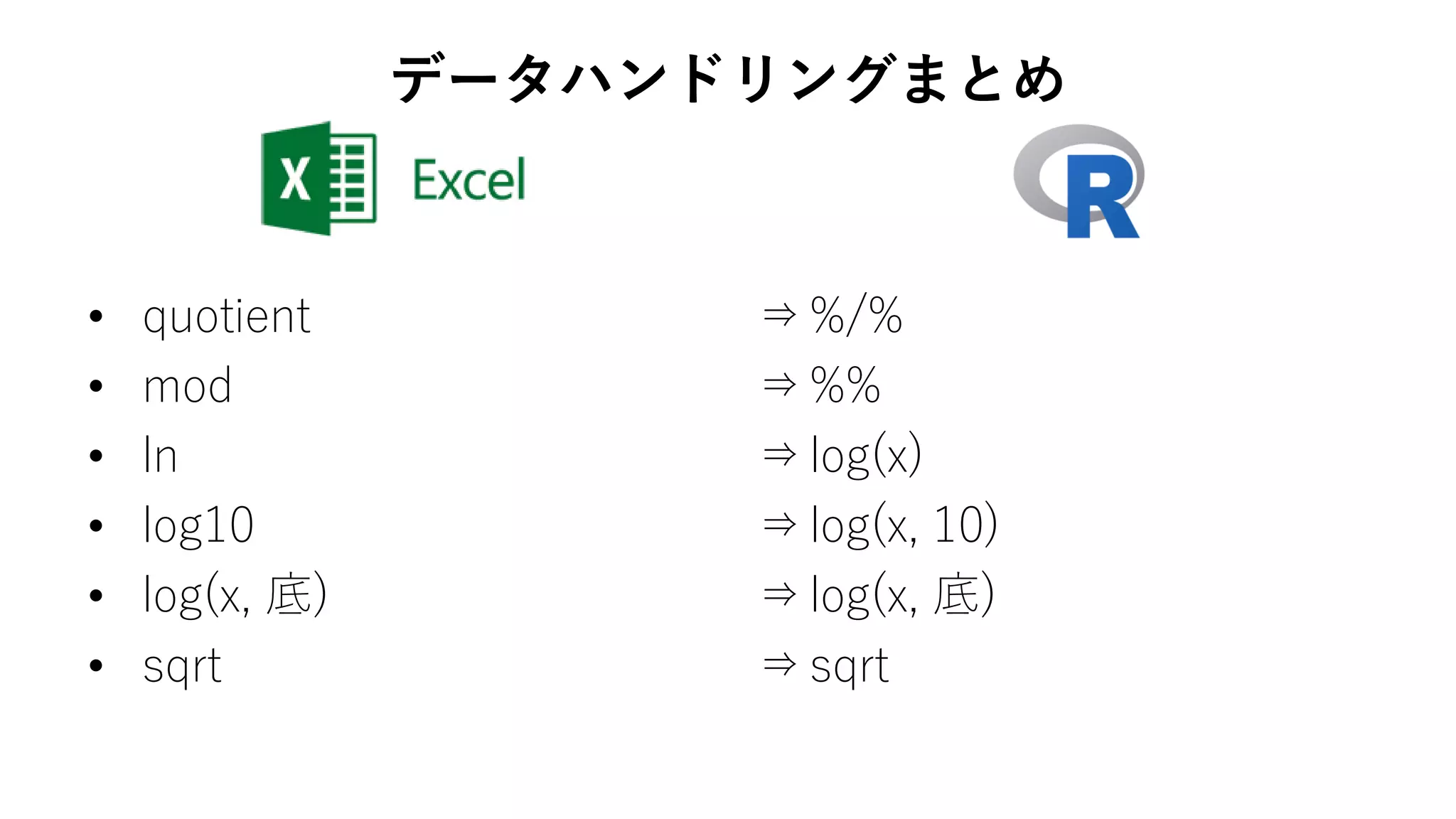 • quotient
• mod
• ln
• log10
• log(x, 底)
• sqrt
⇒%/%
⇒%%
⇒log(x)
⇒log(x, 10)
⇒log(x, 底)
⇒sqrt
データハンドリングまとめ
 
