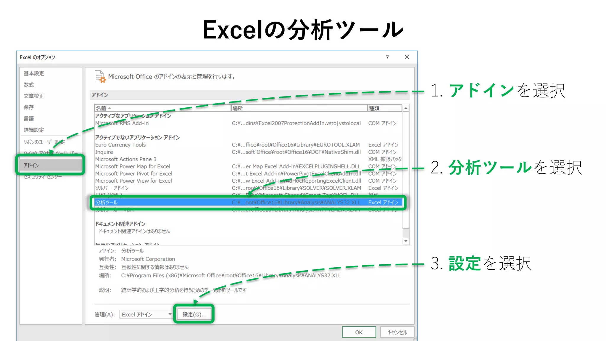 Excelの分析ツール
1. アドインを選択
2. 分析ツールを選択
3. 設定を選択
 