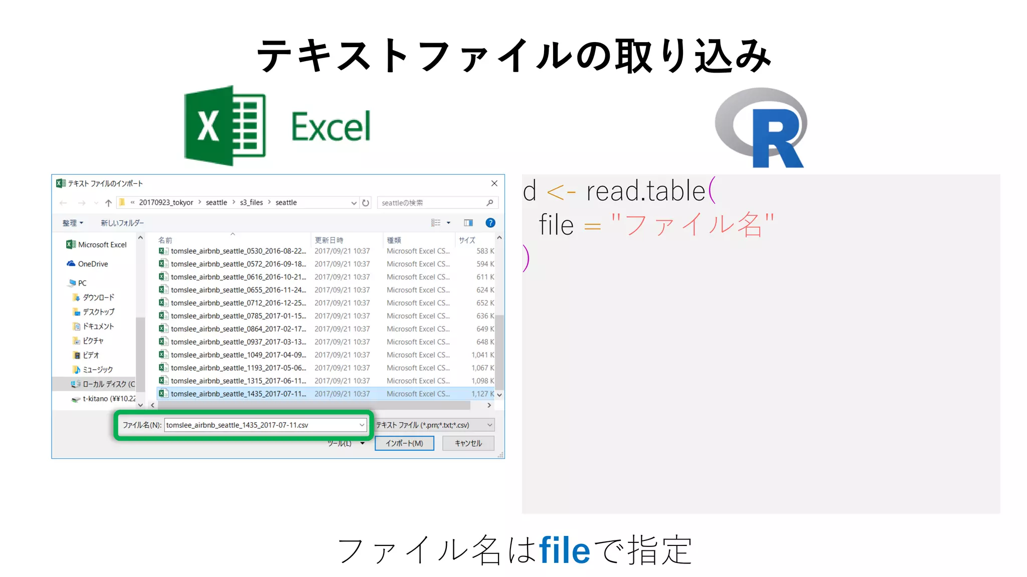 d <- read.table(
file = "ファイル名"
)
ファイル名はfileで指定
テキストファイルの取り込み
 