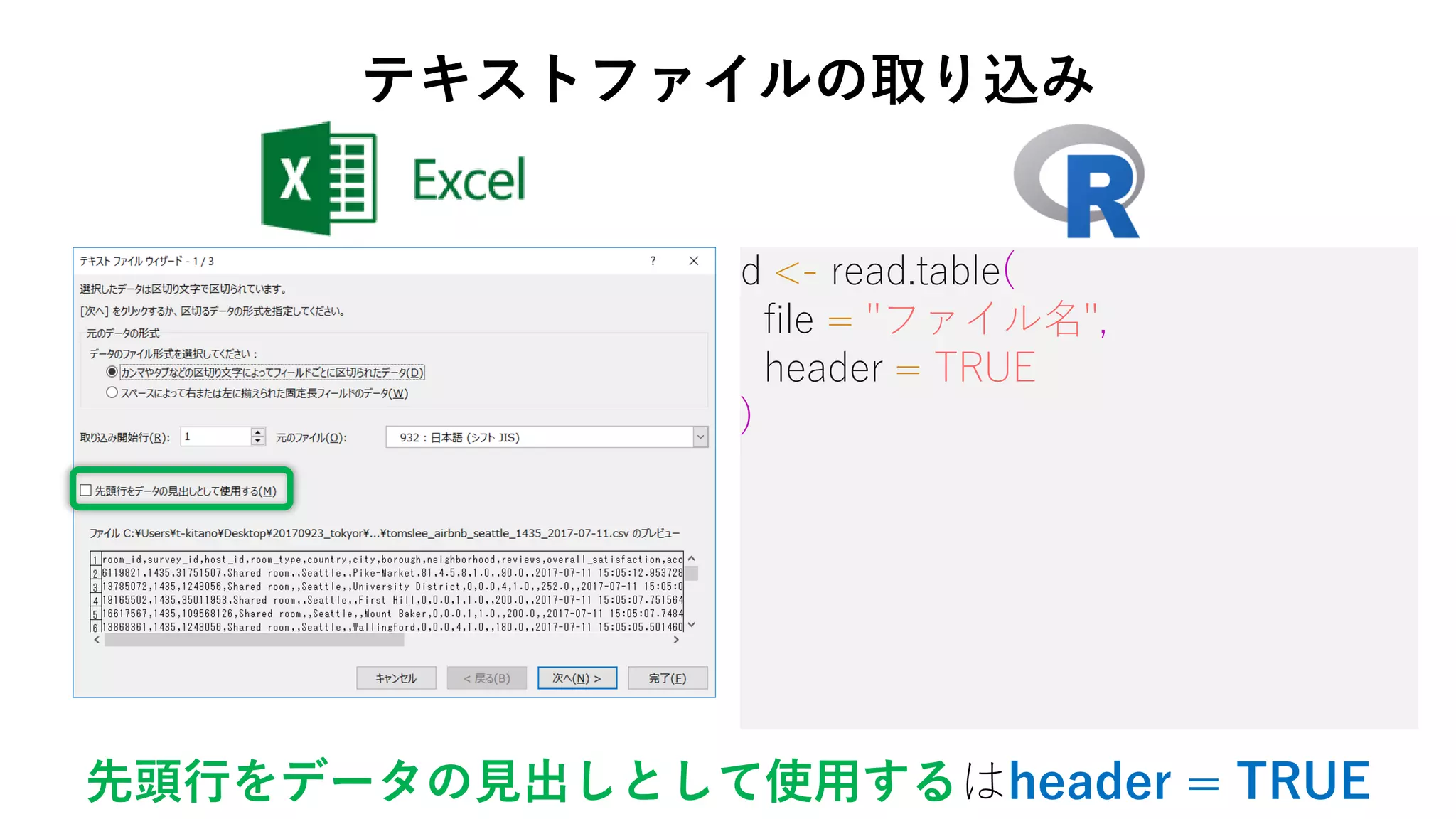 d <- read.table(
file = "ファイル名",
header = TRUE
)
先頭行をデータの見出しとして使用するはheader = TRUE
テキストファイルの取り込み
 