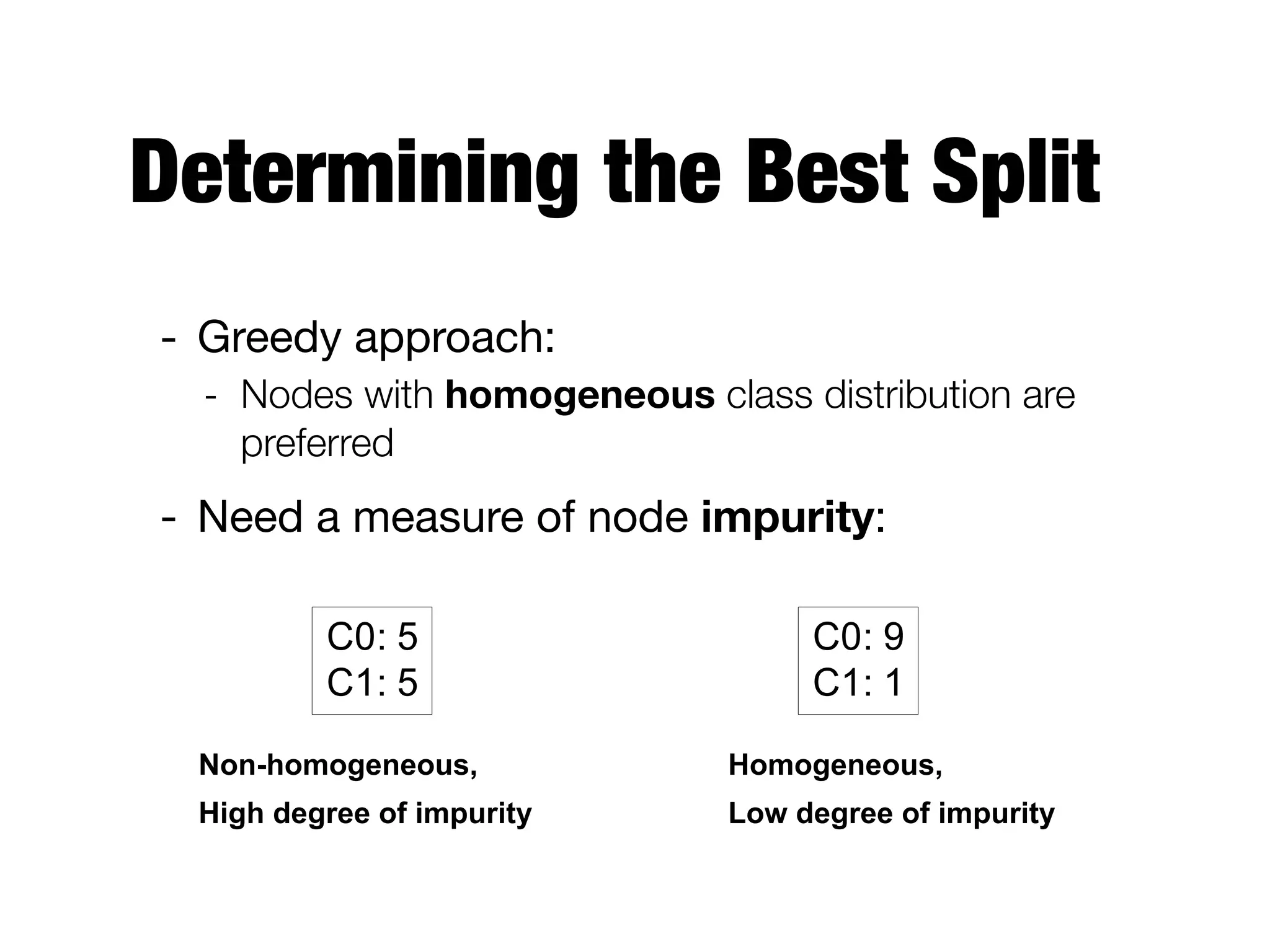 Determining the Best Split
- Greedy approach: 

- Nodes with homogeneous class distribution are
preferred
- Need a measure of node impurity:
C0: 5
C1: 5
C0: 9
C1: 1
Non-homogeneous,
High degree of impurity
Homogeneous,
Low degree of impurity
 