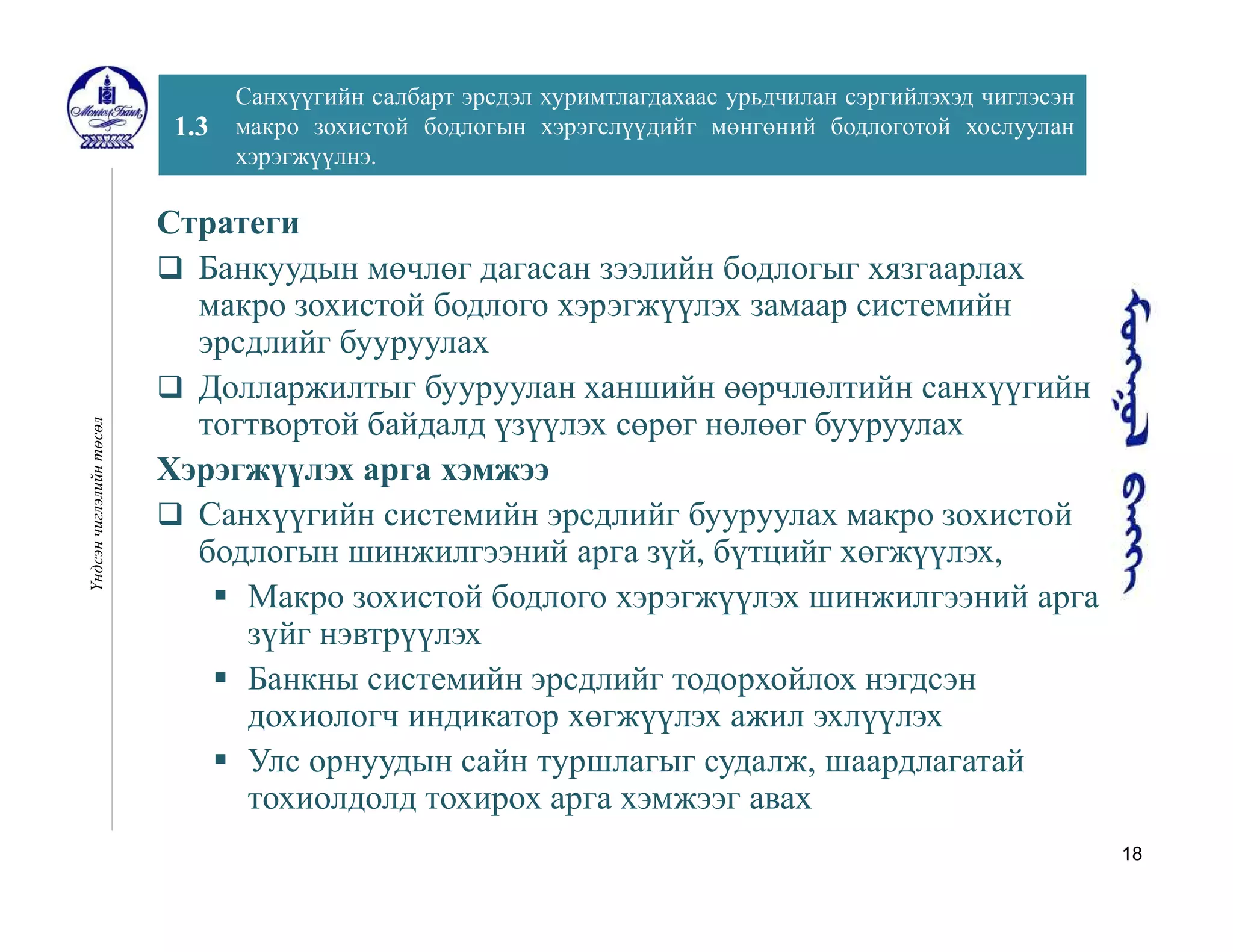 18
1.3
Санхүүгийн салбарт эрсдэл хуримтлагдахаас урьдчилан сэргийлэхэд чиглэсэн
макро зохистой бодлогын хэрэгслүүдийг мөнгөний бодлоготой хослуулан
хэрэгжүүлнэ.
Үндсэнчиглэлийнтөсөл
Стратеги
 Банкуудын мөчлөг дагасан зээлийн бодлогыг хязгаарлах
макро зохистой бодлого хэрэгжүүлэх замаар системийн
эрсдлийг бууруулах
 Долларжилтыг бууруулан ханшийн өөрчлөлтийн санхүүгийн
тогтвортой байдалд үзүүлэх сөрөг нөлөөг бууруулах
Хэрэгжүүлэх арга хэмжээ
 Санхүүгийн системийн эрсдлийг бууруулах макро зохистой
бодлогын шинжилгээний арга зүй, бүтцийг хөгжүүлэх,
 Макро зохистой бодлого хэрэгжүүлэх шинжилгээний арга
зүйг нэвтрүүлэх
 Банкны системийн эрсдлийг тодорхойлох нэгдсэн
дохиологч индикатор хөгжүүлэх ажил эхлүүлэх
 Улс орнуудын сайн туршлагыг судалж, шаардлагатай
тохиолдолд тохирох арга хэмжээг авах
 