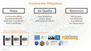 SFSU
FONT BLVD
B1
B6
B2O
B22
SUBPHASE 1B
Construction Mitigations
Noise Air Quality Resources
Construction Hours
Equipment Selection
Dedicated Truck Routes
Noise Coordinator
Dust Monitoring
Reduce Idling
EPA Standard Vehicles
Bird Surveys
Tree Protection
Tree Removal
Tree Replacement
2011 Environmental Impact Report and
Mitigation Monitoring & Reporting Program Enforcement Agencies
 