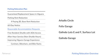Guaranteed Replacement Space in Higuera
Parking Rent Reduction
If Paying $0, Base Rent Reduction
60-Day Notice
Reasonable Accommodation Requests
Free Resident Shuttle with ADA Access
After Hour Service (Non-Shuttle Hours)
Improving Higuera Garage Experience
Carshare, Bikeshare, and Bike Racks
Parking Relocation Plan
Arballo Circle
Felix Garage
Galindo Lots E and F, Surface Lot
Galindo Garage
Parking Relocation Overview
 