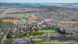 Parkmerced Vision Plan (approved 2011)
SFSU
St. Thomas More
Social Heart
Light Rail
18 Acre Park
Walking Paths
SFSU
Neighborhood Common
New Juan Bautista Circle
Meadow
SFSU
Neighborhood Common
 