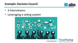 Underwri(en	by:	
Example:	Decision	Council	
§  3	Interviewers	
§  Leveraging	a	voSng	system	
	
 
