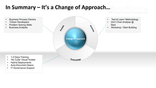 In	Summary	–	It’s	a	Change	of	Approach…	
•  Business Process Owners
•  ‘Citizen Developers’
•  Problem Solving Skills
•  Business Analysts
•  ‘Test & Learn’ Methodology
•  Don’t Over-Analyse @
Start
•  Workshop / Start Building
•  1-2 Days Training
•  ‘No Code’ Visual Toolset
•  Hybrid Deployments
•  Auto-Document Specs
•  IT Governance Support
Change	of	Approach	
 