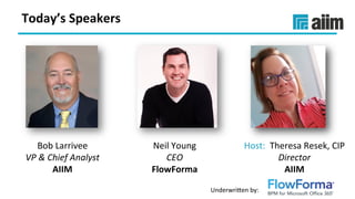 Underwri(en	by:	
Bob	Larrivee	
VP	&	Chief	Analyst	
AIIM	
Neil	Young	
CEO	
FlowForma	
Host:		Theresa	Resek,	CIP	
Director	
AIIM	
Today’s	Speakers	
 