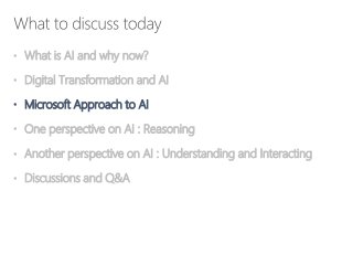• What is AI and why now?
• Digital Transformation and AI
• Microsoft Approach to AI
• One perspective on AI : Reasoning
• Another perspective on AI : Understanding and Interacting
• Discussions and Q&A
 
