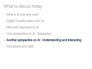 • What is AI and why now?
• Digital Transformation and AI
• Microsoft Approach to AI
• One perspective on AI : Reasoning
• Another perspective on AI : Understanding and Interacting
• Discussions and Q&A
 