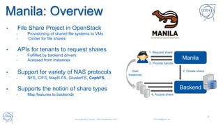 Manila: Overview
24
• File Share Project in OpenStack
- Provisioning of shared file systems to VMs
- ‘Cinder for file shares’
• APIs for tenants to request shares
- Fulfilled by backend drivers
- Acessed from instances
• Support for variety of NAS protocols
- NFS, CIFS, MapR-FS, GlusterFS, CephFS, …
• Supports the notion of share types
- Map features to backends
Manila
Backend
1. Request share
2. Create share
4. Access share
User
instances
3. Provide handle
Universe and Clouds - 26th September 2017 Tim.Bell@cern.ch
 