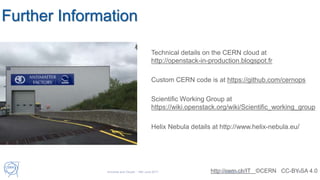 Further Information
Technical details on the CERN cloud at
http://openstack-in-production.blogspot.fr
Custom CERN code is at https://github.com/cernops
Scientific Working Group at
https://wiki.openstack.org/wiki/Scientific_working_group
Helix Nebula details at http://www.helix-nebula.eu/
http://cern.ch/IT ©CERN CC-BY-SA 4.0Universe and Clouds - 19th June 2017 Tim.Bell@cern.ch 32
 