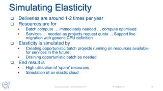 Simulating Elasticity
 Deliveries are around 1-2 times per year
 Resources are for
 Batch compute … immediately needed … compute optimised
 Services … needed as projects request quota ... Support live
migration with generic CPU definition
 Elasticity is simulated by
 Creating opportunistic batch projects running on resources available
for services in the future
 Draining opportunistic batch as needed
 End result is
 High utilisation of ‘spare’ resources
 Simulation of an elastic cloud
Universe and Clouds - 26th September 2017 Tim.Bell@cern.ch 40
 