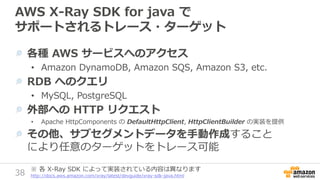 38
AWS X-Ray SDK for java で
サポートされるトレース・ターゲット
各種 AWS サービスへのアクセス
• Amazon DynamoDB, Amazon SQS, Amazon S3, etc.
RDB へのクエリ
• MySQL, PostgreSQL
外部への HTTP リクエスト
• Apache HttpComponents の DefaultHttpClient, HttpClientBuilder の実装を提供
その他、サブセグメントデータを手動作成すること
により任意のターゲットをトレース可能
※ 各 X-Ray SDK によって実装されている内容は異なります
http://docs.aws.amazon.com/xray/latest/devguide/xray-sdk-java.html
 