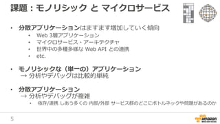 5
課題：モノリシック と マイクロサービス
• 分散アプリケーションはますます増加していく傾向
• Web 3層アプリケーション
• マイクロサービス・アーキテクチャ
• 世界中の多種多様な Web API との連携
• etc.
• モノリシックな（単一の）アプリケーション
→ 分析やデバッグは比較的単純
• 分散アプリケーション
→ 分析やデバッグが複雑
• 依存/連携 しあう多くの 内部/外部 サービス群のどこにボトルネックや問題があるのか
 