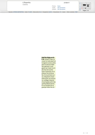 27/09/17L'Esportiu
Cataluña
Prensa: Diaria
Tirada: 250 Ejemplares
Difusión: 250 Ejemplares
Página: 20
Sección: OTROS DEPORTES Valor: 71,00 € Área (cm2): 21,4 Ocupación: 2,25 % Documento: 1/1 Autor: Núm. Lectores: 1000
Cód:113179042
25 / 28
 