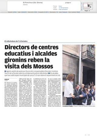 27/09/17El Punt Avui (Ed. Girona)
Gerona
Prensa: Diaria
Tirada: 10.708 Ejemplares
Difusión: 8.862 Ejemplares
Página: 8
Sección: LOCAL Valor: 2.520,00 € Área (cm2): 518,8 Ocupación: 51,39 % Documento: 1/2 Autor: Redacció Núm. Lectores: 35448
Cód:113181581
15 / 28
 