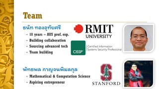 Team
ธนัท ทองอุทัยศรี
• 10 years – AUS prof. exp.
• Building collaboration
• Sourcing advanced tech
• Team building
พัทธพล กำญจนพิมลกุล
• Mathematical & Computation Science
• Aspiring entrepreneur
 
