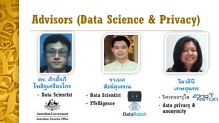 Advisors (Data Science & Privacy)
ดร. ศักดิ์รภี
ไพสิฐเกรียงไกร
• Data Scientist
รำเมศ
สังข์สุวรรณ
• Data Scientist
• STelligence
วิลำสินี
เทพสุนทร
• วิศวกรอำวุโส
• data privacy &
anonymity
 