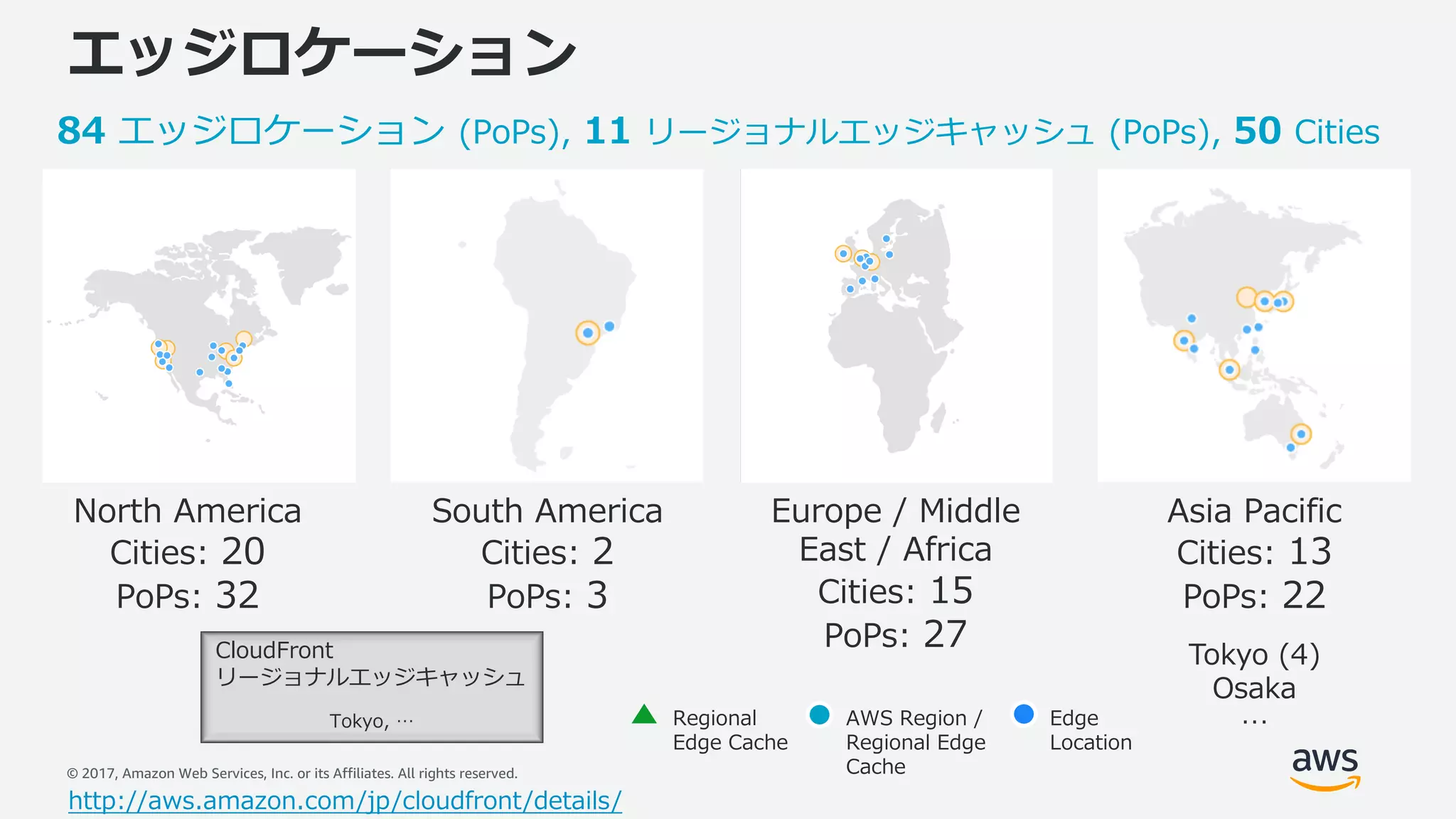 © 2017, Amazon Web Services, Inc. or its Affiliates. All rights reserved.
エッジロケーション
North America
Cities: 20
PoPs: 32
South America
Cities: 2
PoPs: 3
Europe / Middle
East / Africa
Cities: 15
PoPs: 27
84 エッジロケーション (PoPs), 11 リージョナルエッジキャッシュ (PoPs), 50 Cities
Asia Pacific
Cities: 13
PoPs: 22
Tokyo (4)
Osaka
…
CloudFront
リージョナルエッジキャッシュ
Tokyo, … Edge
Location
AWS Region /
Regional Edge
Cache
Regional
Edge Cache
http://aws.amazon.com/jp/cloudfront/details/
 