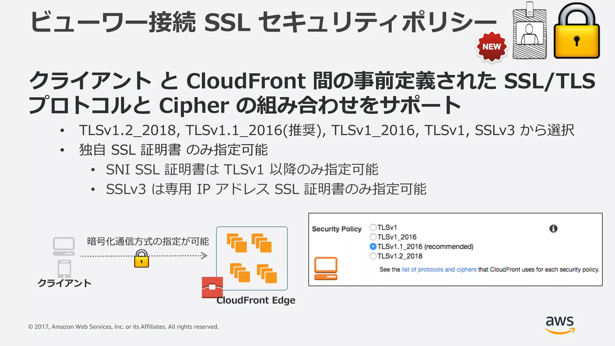 © 2017, Amazon Web Services, Inc. or its Affiliates. All rights reserved.
ビューワー接続 SSL セキュリティポリシー
クライアント と CloudFront 間の事前定義された SSL/TLS
プロトコルと Cipher の組み合わせをサポート
• TLSv1.2_2018, TLSv1.1_2016(推奨), TLSv1_2016, TLSv1, SSLv3 から選択
• 独⾃ SSL 証明書 のみ指定可能
• SNI SSL 証明書は TLSv1 以降のみ指定可能
• SSLv3 は専⽤ IP アドレス SSL 証明書のみ指定可能
CloudFront Edge
クライアント
暗号化通信⽅式の指定が可能
 