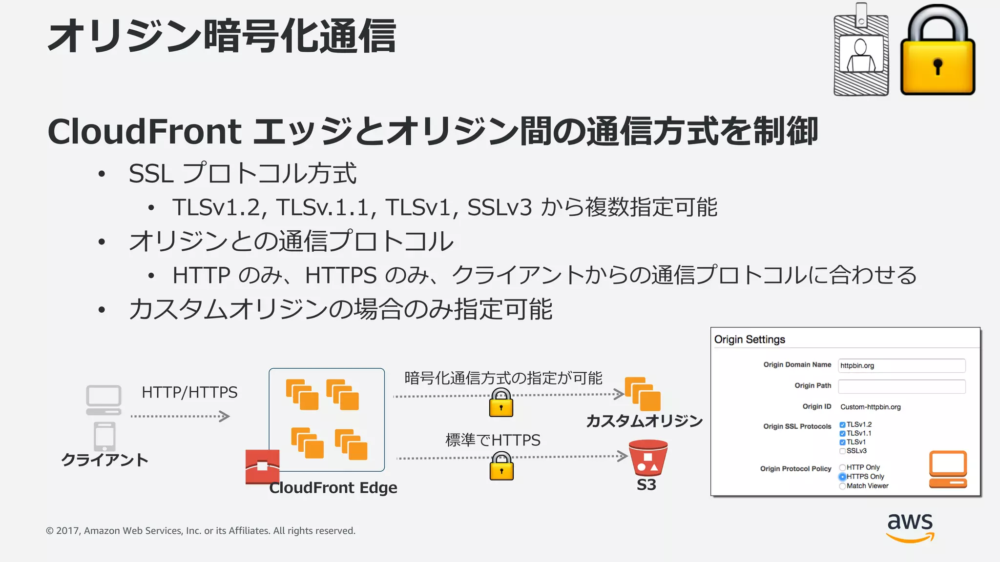 © 2017, Amazon Web Services, Inc. or its Affiliates. All rights reserved.
オリジン暗号化通信
CloudFront エッジとオリジン間の通信⽅式を制御
• SSL プロトコル⽅式
• TLSv1.2, TLSv.1.1, TLSv1, SSLv3 から複数指定可能
• オリジンとの通信プロトコル
• HTTP のみ、HTTPS のみ、クライアントからの通信プロトコルに合わせる
• カスタムオリジンの場合のみ指定可能
CloudFront Edge
カスタムオリジン
クライアント
HTTP/HTTPS
暗号化通信⽅式の指定が可能
S3
標準でHTTPS
 