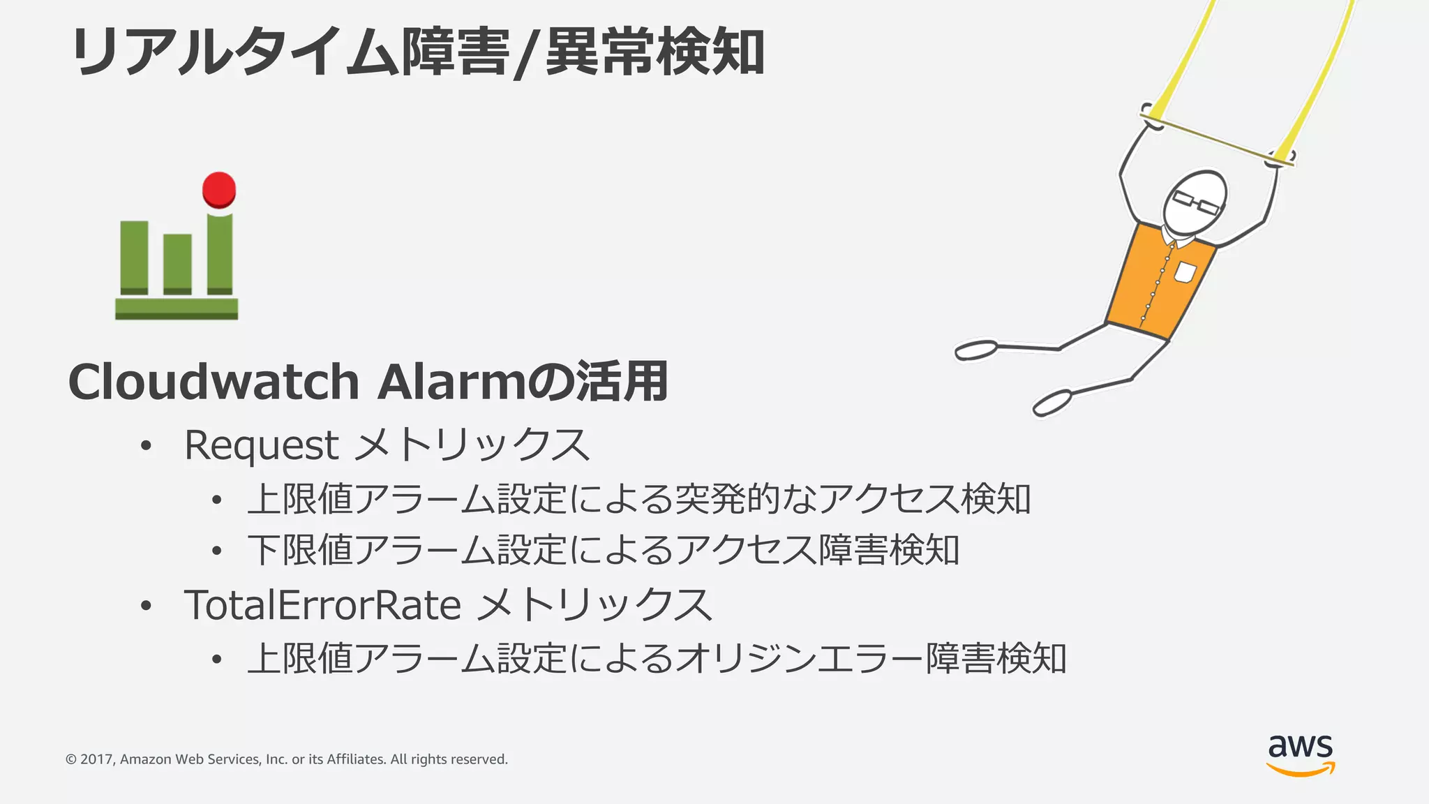 © 2017, Amazon Web Services, Inc. or its Affiliates. All rights reserved.
リアルタイム障害/異常検知
Cloudwatch Alarmの活⽤
• Request メトリックス
• 上限値アラーム設定による突発的なアクセス検知
• 下限値アラーム設定によるアクセス障害検知
• TotalErrorRate メトリックス
• 上限値アラーム設定によるオリジンエラー障害検知
 
