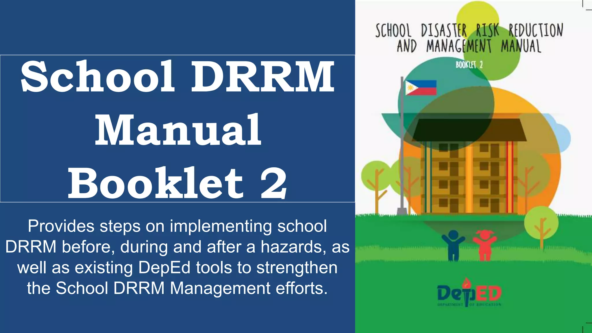 Provides steps on implementing school
DRRM before, during and after a hazards, as
well as existing DepEd tools to strengthen
the School DRRM Management efforts.
School DRRM
Manual
Booklet 2
 