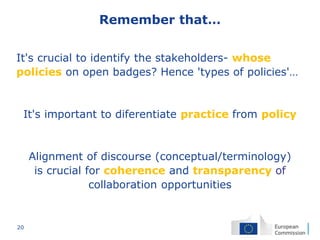 20
Remember that…
It's crucial to identify the stakeholders- whose
policies on open badges? Hence 'types of policies'…
It's important to diferentiate practice from policy
Alignment of discourse (conceptual/terminology)
is crucial for coherence and transparency of
collaboration opportunities
 