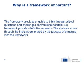 8
Why is a framework important?
The framework provides a guide to think through critical
questions and challenges conventional wisdom. No
framework provides definitive answers. The answers come
through the insights generated by the process of engaging
with the framework.
 