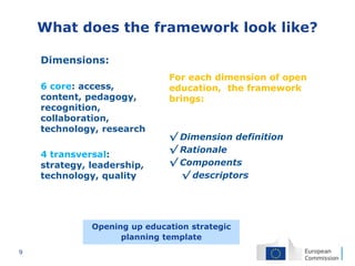 9
What does the framework look like?
For each dimension of open
education, the framework
brings:
√ Dimension definition
√ Rationale
√ Components
√ descriptors
• Dimensions:
• 6 core: access,
content, pedagogy,
recognition,
collaboration,
technology, research
• 4 transversal:
strategy, leadership,
technology, quality
Opening up education strategic
planning template
 