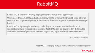 Co p yrig ht © 2 0 1 7 Yaho o Jap an Co rp o ratio n. All Rig hts Reserved .
RabbitMQ
RabbitMQ is the most widely deployed open source message broker.
With more than 35,000 production deployments of RabbitMQ world-wide at small
startups and large enterprises, RabbitMQ is the most popular open source message
broker.
RabbitMQ is lightweight and easy to deploy on premises and in the cloud. It
supports multiple messaging protocols. RabbitMQ can be deployed in distributed
and federated configurations to meet high-scale, high-availability requirements.
5
RabbitMQ - Messaging that just works, https://www.rabbitmq.com/
トップページより引用
 