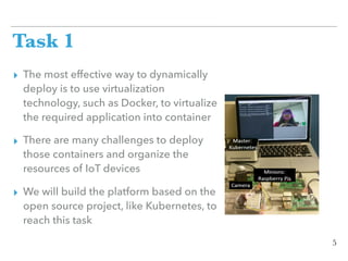 Task 1
▸ The most effective way to dynamically
deploy is to use virtualization
technology, such as Docker, to virtualize
the required application into container
▸ There are many challenges to deploy
those containers and organize the
resources of IoT devices
▸ We will build the platform based on the
open source project, like Kubernetes, to
reach this task
5
 