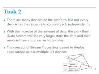 Task 2
▸ There are many devices on the platform, but not every
device has the resource to complete job independently
▸ With the increase of the amount of data, the work ﬂow
(Data Stream) will be very large, store the data and then
process them could cause huge delay
▸ The concept of Stream Processing is used to deploy
applications across multiple IoT devices
6
 
